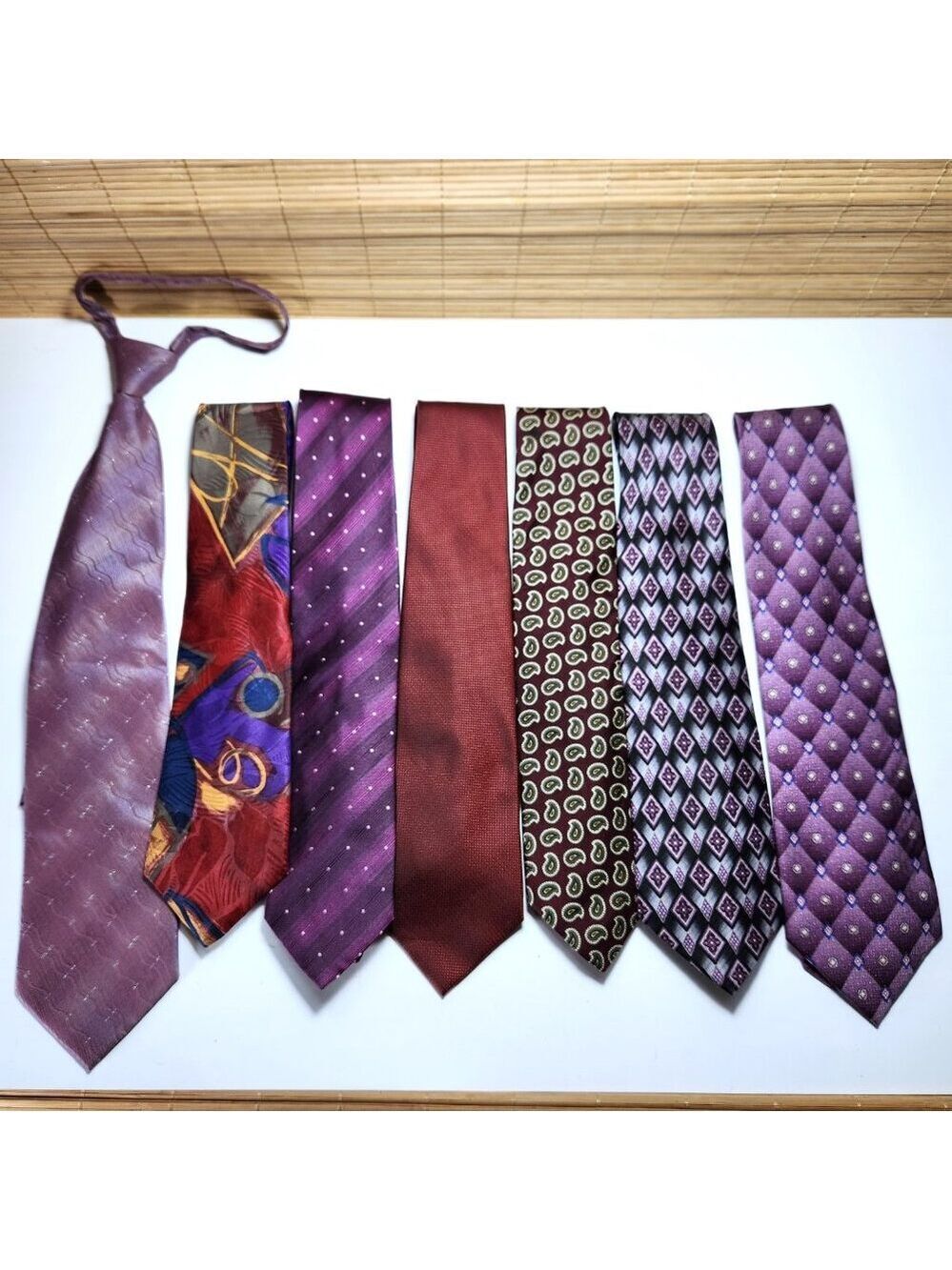 Lot of Seven Neckties Men's Purples and Reds Silk and Polyester Various Patterns